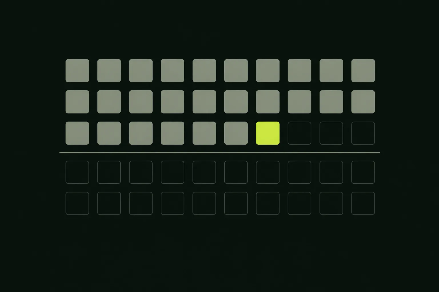 A grid of plain sage-grey squares on a near-black green-tinted ground, one square filled solid acid green with a rule drawn straight after it and every square beyond the rule left as a faint empty outline.